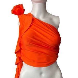 SHEIN icon one shoulder ruffle crop top orange size XS